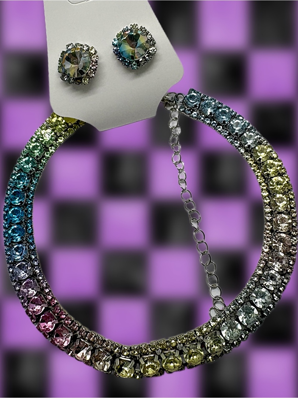 Rainbow Ombré Rhinestone Necklace with Matching Stud Earrings